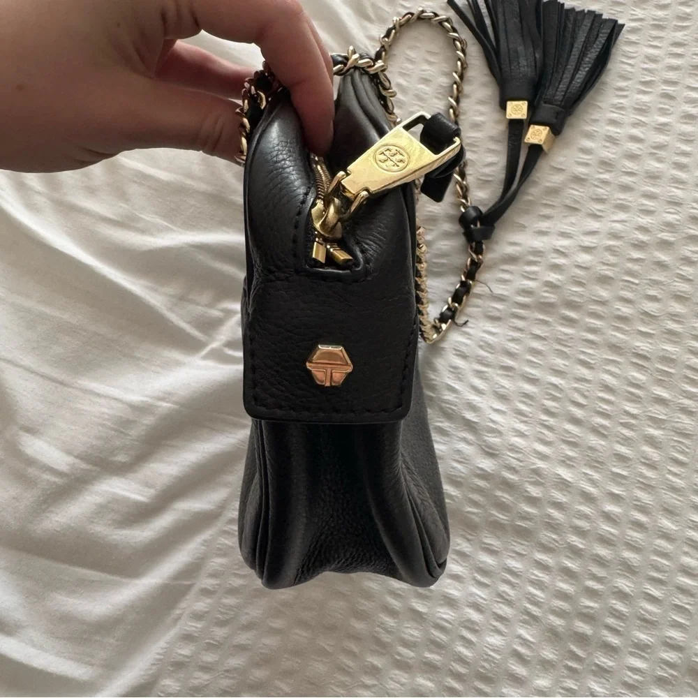 Tory Burch Thea Black Leather Crossbody Bag with Chain Strap and tassel